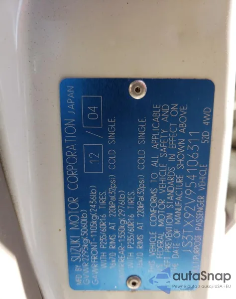 2005 Suzuki Xl7 Ex из США, поврежденный, VIN JS3TX92V954106311